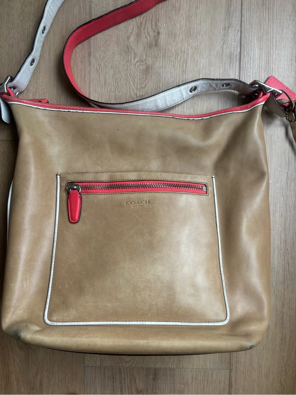 Coach Legacy Tan Leather Crossbody Bag with Coral Trim Purse